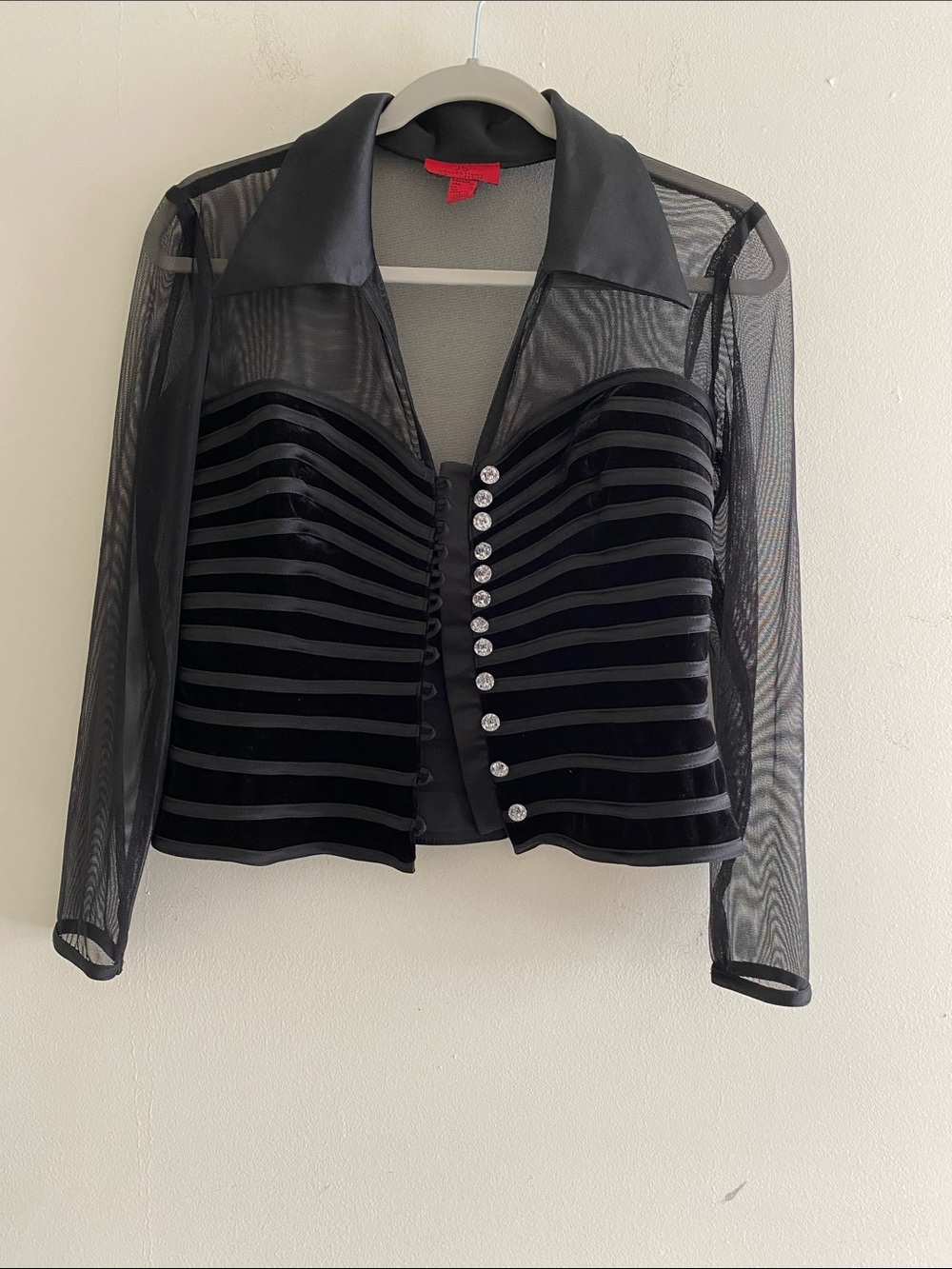 JS Collections Black Sheer Mesh & Velvet Stripe Blazer with Rhinestone Buttons